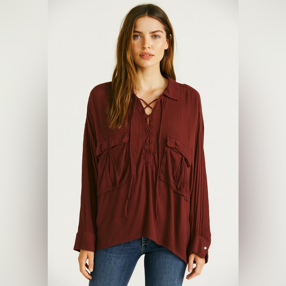 Free People One‎ Oversized Lace-Up Top – Boho Chic Burgundy REN Festival